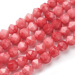Red Natural Jade Beads Strands, Star Cut Round Beads, Dyed, Faceted, Red, 7~8mm, Hole: 1mm, about 47~48pcs/strand, 14.5 inch~15 inch(37~38cm)