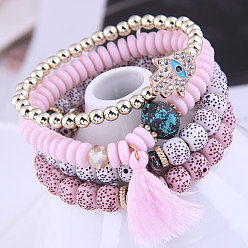 Pink four-layered Chic Metal Rhinestone Eye Palm Beaded Multi-layer Bracelet for Women