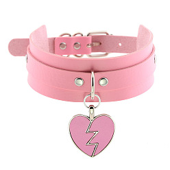 Pink Rocking Heart Pendant Collar with Double-layer Leather Chain and Lock Clavicle Necklace