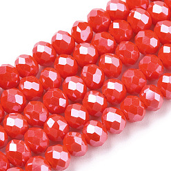 Red Electroplate Glass Beads Strands, Pearl Luster Plated, Faceted, Rondelle, Red, 6x5mm, Hole: 1mm, about 85~88pcs/strand, 16.1~16.5 inch(41~42cm)