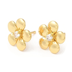 Real 18K Gold Plated Brass Flower Stud Earrings with Clear Cubic Zirconia, Lead Free & Cadmium Free, Real 18K Gold Plated, 13x13.5mm