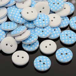 Light Sky Blue 2-Hole Flat Round Polka Dot Printed Wooden Sewing Buttons, Dyed, Light Sky Blue, 15x4mm, Hole: 1mm