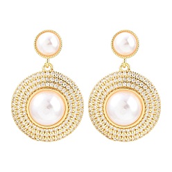 Настоящее золото 18K Латунь микро проложить кубический цирконий болтаться серьги стержня, с ABS имитации жемчуга, плоско-круглые, долговечный, стойки покрытие, без свинца и без кадмия, реальный 18 k позолоченный, 38x24 мм