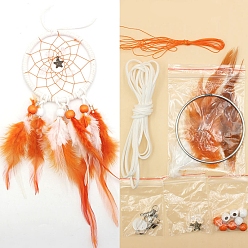 Orange Iron Woven Web/Net with Feather Pendant Decorations, with Wood Beads, Covered with Cotton Lace and Villus Cord, Flat Round, Orange, 80mm