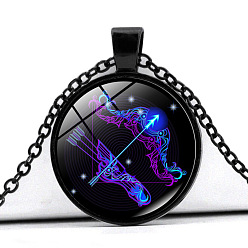 Sagittarius Constellation Glass Pendant Neckalace, Blue Pendant Necklace with Zinc Alloy Chains, for Men Women, Sagittarius, 17.72 inch(45cm), Pendant: 25mm