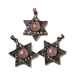 Клубничный Кварц Подвески из натурального клубничного кварца в форме звезды Давида, с винтажной латунной рамкой красного медного оттенка, 33.5~34x25.5x7.5 мм, отверстие : 5x3 мм