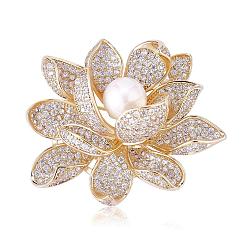 Golden Golden Lotus Flower Brooch Clear Zircon Brooch Pin White Beads Brooches Badge Jewelry for Jackets Backpack Corsage Lapel Scarf Clothing Accessories, 46x39mm