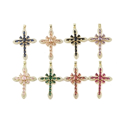 Mixed Color Real 18K Gold Plated Brass Micro Pave Cubic Zirconia Pendants, with Glass, Cross, Mixed Color, 48.5x33x6.5mm, Hole: 3.4x4mm