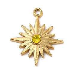 Yellow Real 18K Gold Plated 304 Stainless Steel Pendants, with Glass, Sun Charms, Yellow, 20x17x3mm, Hole: 1.5mm