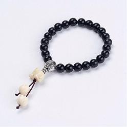 Obsidian Natural Obsidian Mala Bead Bracelets, with Synthetic Coral Lotus & Elephant Beads, Tibetan Style Alloy Guru Bead, Burlap Packing Pouches Drawstring Bags, Inner Diameter: 2-1/8 inch(5.3cm)
