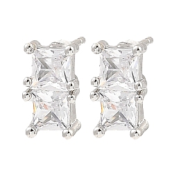 Platinum Brass Pave Clear Cubic Zirconia Rectangle Stud Earrings, for Women, Platinum, 10x5.5mm