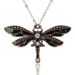 Colorful Vintage Red Copper Alloy Enamel Pendants, with Rhinestone, Dragonfly, Nickel Free, Colorful, 42x72.5x5mm, Hole: 3mm