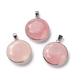 Rose Quartz Natural Rose Quartz Beads Pendants, with Platinum Brass Findings, Flat Round, 30.5x26.4x7.8mm, Hole: 6x4mm