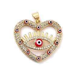 Red Rack Plating Brass Micro Pave Clear Cubic Zirconia Pendants, with Enamel, Cadmium Free & Lead Free, Heart with Evil Eye, Real 18K Gold Plated, Red, 24.5x27x4.5mm, Hole: 3x3.7mm