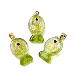 Зелено-Желтый Подвески ручной работы из дихроичной фольги в технике лэмпворк, с латунной фурнитурой , очарование рыбы, зеленый желтый, 22.5~23.5x12.5~13x8.5~9.5 мм, отверстие : 4.5x4 мм