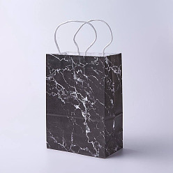 Black kraft Paper Bags, with Handles, Gift Bags, Shopping Bags, Rectangle, Marble Texture Pattern, Black, 27x21x10cm