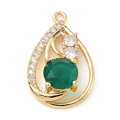 Emerald Brass with K9 Glass & Rhinestone Pendants, Light Gold, Teardrop Charms, Emerald, 25x15.5x6mm, Hole: 1.6mm