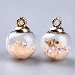 PeachPuff Transparent Glass Globe Pendants, with Resin & Resin Rhinestone & Conch Shell & Glass Micro Beads inside, Plastic CCB Pendant Bails, Round, Golden, PeachPuff, 21.5x16mm, Hole: 2mm