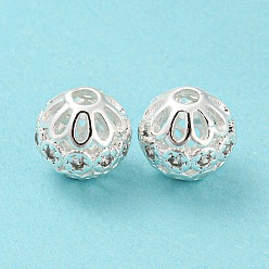 Silver Brass Micro Pave Cubic Zirconia Beads, Long-Lasting Plated, Lead Free & Cadmium Free, Hollow Round, Silver, 10x9.5mm, Hole: 2.3mm