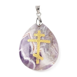 Аметист Подвески из натурального аметиста , с реечной обшивкой латунными выводами, без кадмия и без свинца, подвеска в виде капли и креста, 31x25x5~7 мм, отверстие : 4.5x4 мм