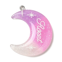 Plum Gradient Color Translucent Resin Pendants, Glitter Moon Charms with Platinum Tone Iron Loops, Plum, 40x34x5mm, Hole: 2mm