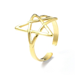 Real 18K Gold Plated Ion Plating(IP) 304 Stainless Steel Open Cuff Ring, Hollow Star, Real 18K Gold Plated, Inner Diameter: 19mm