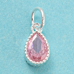 Pink 925 Sterling Silver Charms, with Cubic Zirconia, Faceted Teardrop, Silver, Pink, 8.5x5x3mm, Hole: 3mm