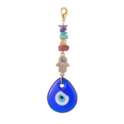 Teardrop Evil Eye Lampwork Pandant Decorations, with Alloy Rhinestone Links and Stainless Steel Lobster Claw Clasps, Gemstone Chip Bead, Teardrop, 104mm