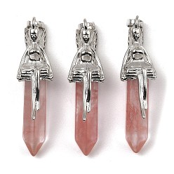 Cherry Quartz Glass Cherry Quartz Glass Pointed Pendants, Faceted Bullet Charms, with Rack Plating Platinum Plated Brass Fairy, 24x13mm, Hole: 5x8mm