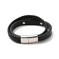 Black Microfiber Leather Braided Double Loops Multi-strand Bracelet with 304 Stainless Steel Magnetic Clasp for Men Women, Black, 8-5/8 inch(22cm)