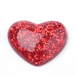 Red Resin Cabochons, with Glitter Powder, Heart, Red, 14x16x5mm