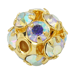 Clear AB Brass Rhinestone Beads, Grade A, Round, Golden Metal Color, AB Color, Clear AB, Size: about 6mm in diameter, hole: 1mm
