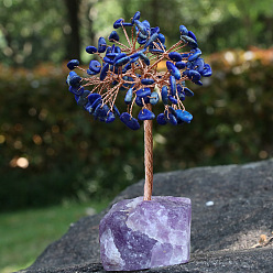 Lapis Lazuli Natural Lapis Lazuli Chips Tree Decorations, Ntural Fluorite Base with Copper Wire Feng Shui Energy Stone Gift for Home Office Desktop Decoration, 80x120mm