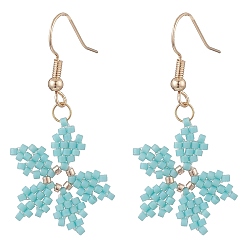 Pale Turquoise Glass Seed Braided Snowflake Dangle Earrings, Golden 304 Stainless Steel Wire Wrap Christmas Earrings for Women, Pale Turquoise, 42mm, Pin: 0.7mm