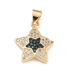 Green Brass Micro Pave Cubic Zirconia Pendants, Golden, Star, Green, 17x15x3mm, Hole: 4x3mm