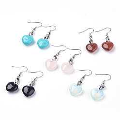 Mixed Stone Natural & Synthetic Mixed Gemstone Dangle Earrings, with 304 Stainless Steel Earring Hooks, Heart, 47~48mm, Pin: 0.6mm