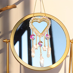 Clear AB Heart Quartz Crystal Dyed Hanging Suncatcher Pendant Decoration, Crystal Ball Prism Pendants, with Brass & Iron Findings, Clear AB, 300mm