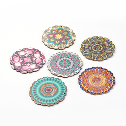Mixed Color Printed Wooden Big Pendants, Flower, Mixed Color, 59~60x1~2mm, Hole: 1mm