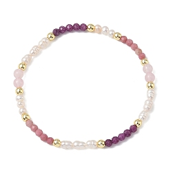 Смешанные камни Эластичные браслеты для женщин из натурального родонита, розового кварца, рубина и культивированного пресноводного жемчуга., круглые, С немагнитным синтетическим гематитом, бисер: 5 мм & 4 мм, внутренний диаметр: 2.28 дюйм (5.8 см)