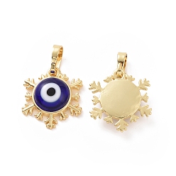 Blue Handmade Evil Eye Lampwork Pendants, with Real 18K Gold Plated Tone Brass Findings, Snowflake Charm, Blue, 15x16x4mm, Hole: 4x6.5mm