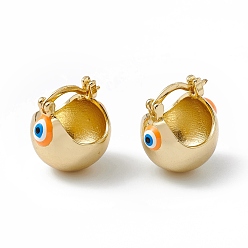 Dark Orange Brass Enamel Evil Eye Half Hoop Earrings, Real 18K Gold Plated Chubby Hoop Earrings for Women Girls, Dark Orange, 20x17.5x15.5mm, Pin: 1mm