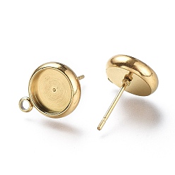Golden Ion Plating(IP) 304 Stainless Steel Stud Earring Settings, with Loop, Flat Round, Golden, Flat Round: 13x10.3mm, Hole: 1.8mm, Pin: 0.8mm, Tray: 8mm