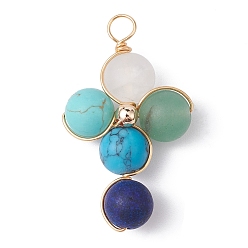Mixed Stone Natural & Synthetic Frosted Mixed Gemstone Pendants, Eco-Friendly Light Gold Plated Copper Wire Wrapped Cross Charms, Mixed Dyed and Undyed, 37x21x9mm, Hole: 4mm