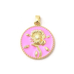 Pink Латунь эмаль подвески, плоские круглые с цветком, без свинца и без кадмия, долговечный, стойки покрытие, реальный 18 k позолоченный, розовые, 28x24x3 мм, отверстие : 3x6 мм
