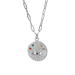 Stainless Steel Color Stainless Steel Rhinestone Flat Round with Eye Pendant Necklaces, Paperclip Chain Necklace for Women, Stainless Steel Color, 17-3/4 inch(45cm)