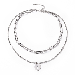Stainless Steel Color Non-Tarnish 304 Stainless Steel Double Chains Multi Layered Necklace with Heart Padlock Charms for Women, Stainless Steel Color, 16.34 inch(41.5cm)