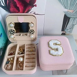 Letter S Letter Imitation Leather Jewelry Organizer Case with Mirror Inside, for Necklaces, Rings, Earrings and Pendants, Square, Pink, Letter S, 10x10x5.5cm