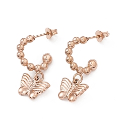 Rose Gold 304 Stainless Steel Ring with Butterfly Dangle Stud Earrings, Half Hoop Earrings for Women, Rose Gold, 26mm, Pin: 0.7mm