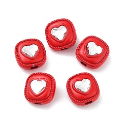 Crimson Spray Painted Alloy Bead, with Glass, Square with Heart, Crimson, 12x12x7.5mm, Hole: 2.5mm