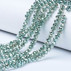 Sea Green Electroplate Glass Beads Strands, Platinum Plated, Faceted, Rondelle, Sea Green, 3.5x3mm, Hole: 0.4mm, about 123~127pcs/strand, 13.7~14.1 inch(35~36cm)